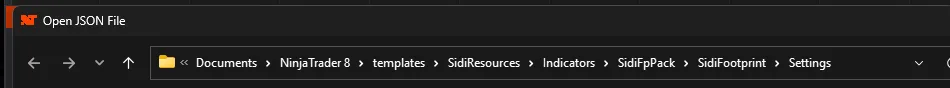 The Open JSON File dialog, opened on the SidiFootprint Settings folder