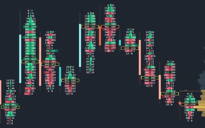 Footprint cells drawn as volume bars beside the traded numbers
