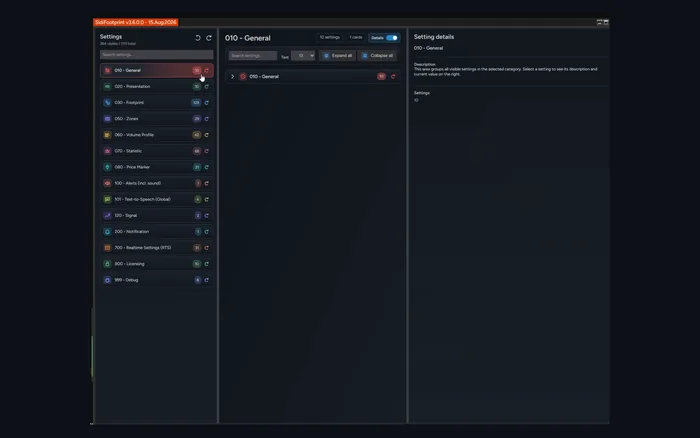SidiFootprint settings window, all categories, 1,111 settings in total