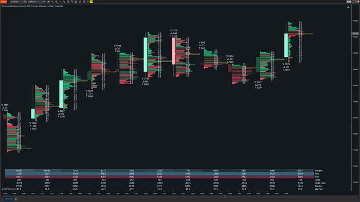 Footprint chart with per-bar volume, delta and trade counts and a statistics table below
