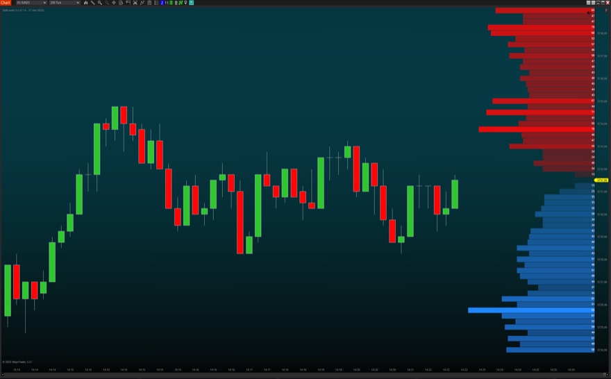 SidiLevel2 order-book depth histogram on a NinjaTrader chart