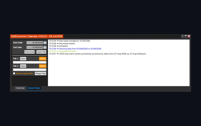 Export tab with date range, download and JSON export of the event data